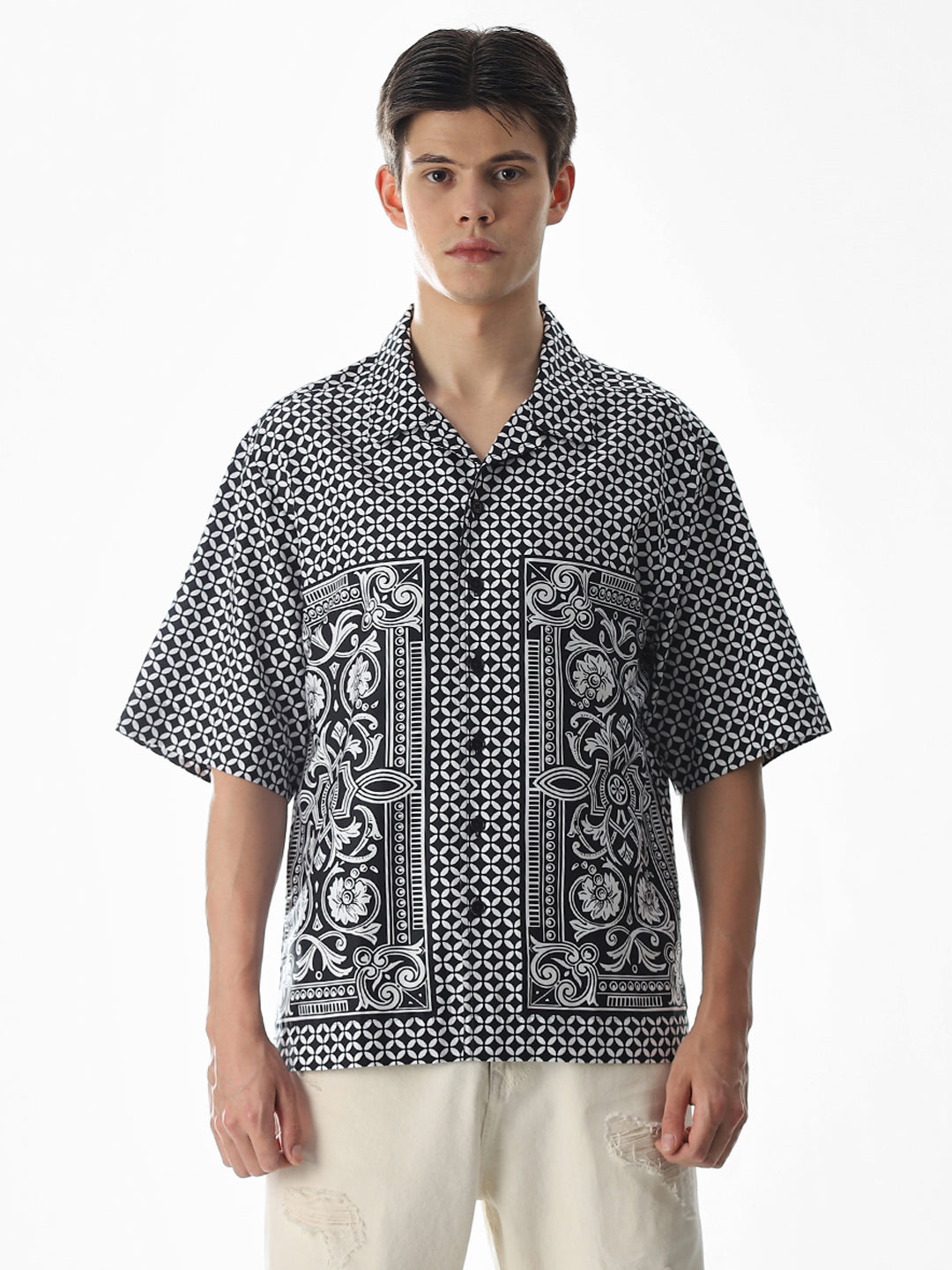 Black Abstract Print Oversized Shirt