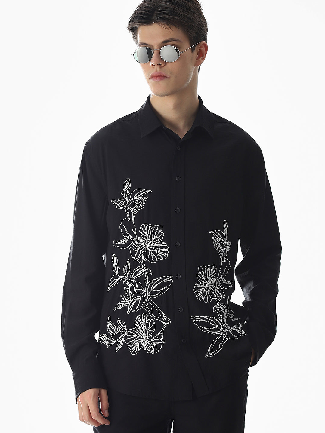 Black Embroidered Slim Fit Shirt
