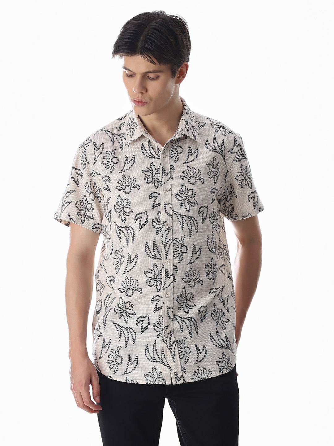 Beige Printed Comfort Fit Shirt