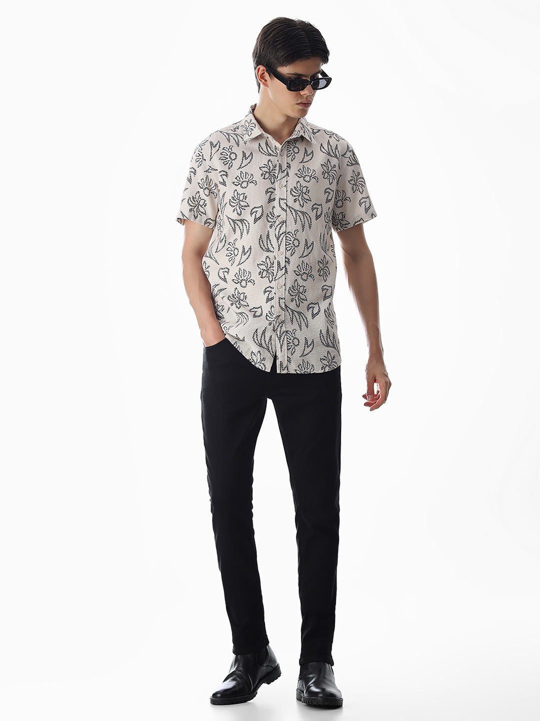 Beige Printed Comfort Fit Shirt