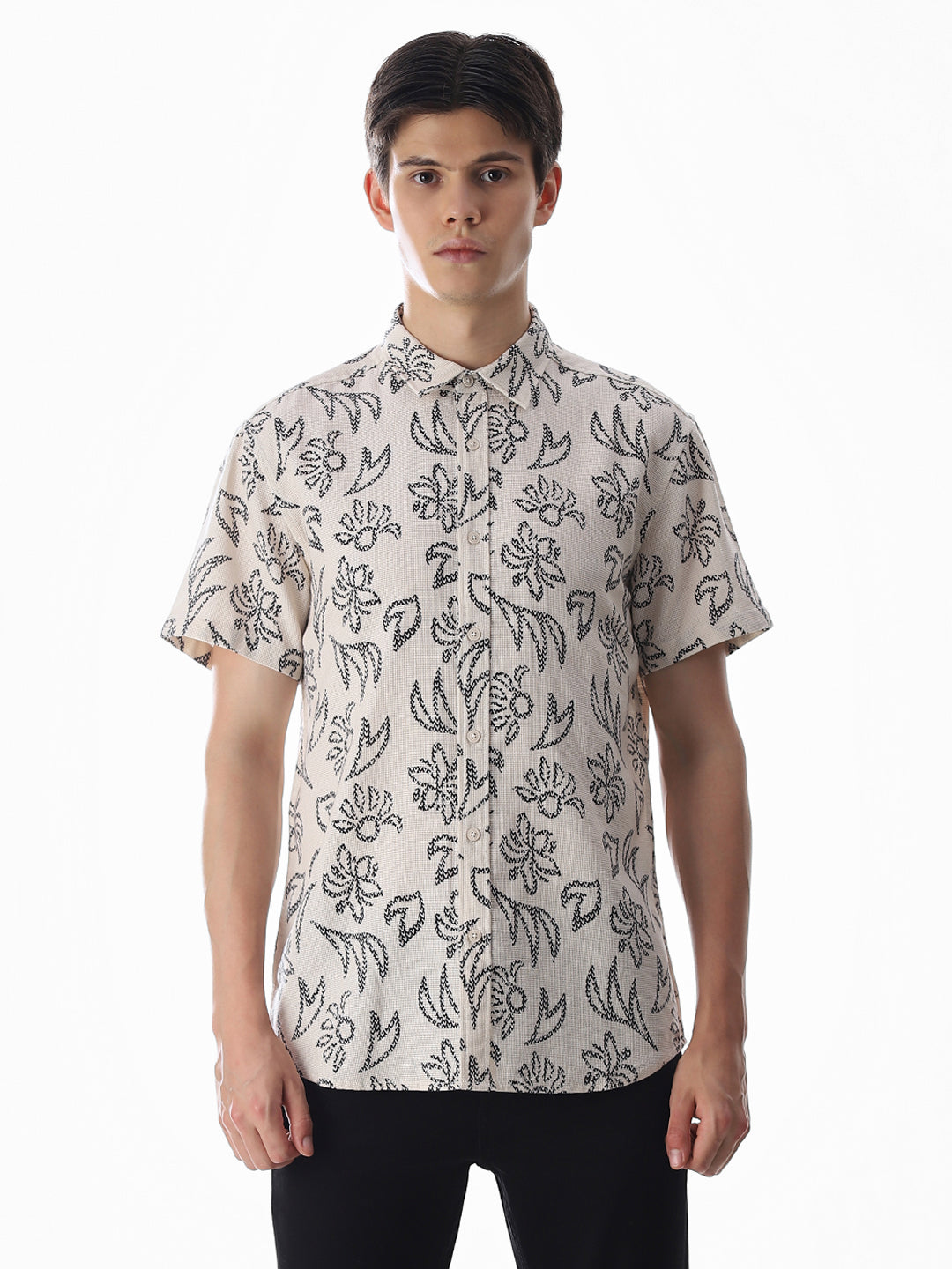 Beige Printed Comfort Fit Shirt