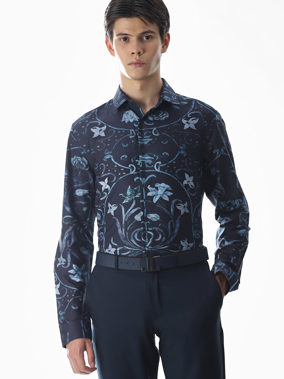 Dark Blue Printed Cotton Shirt