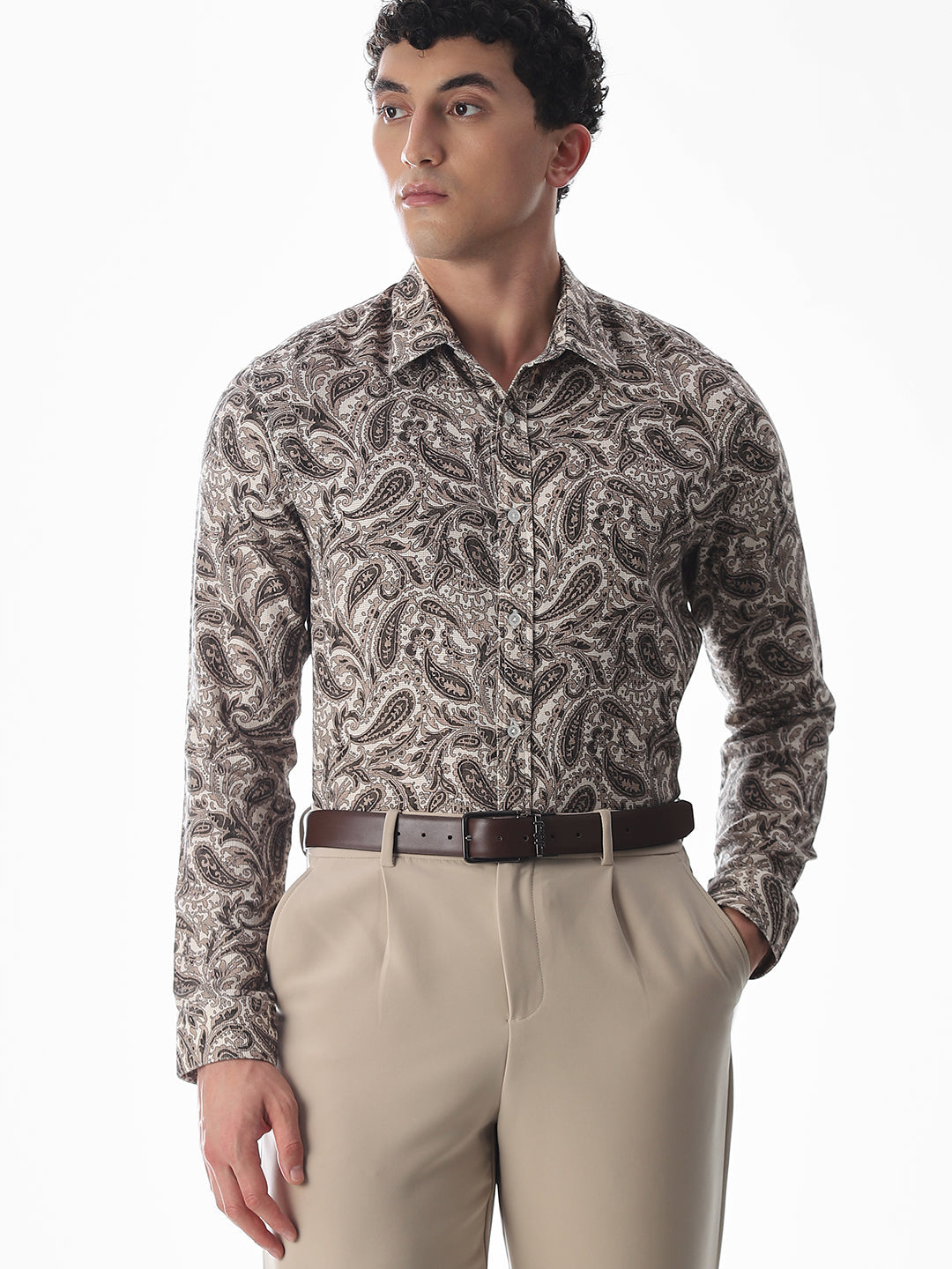 Brown Paisley Print Cotton Shirt
