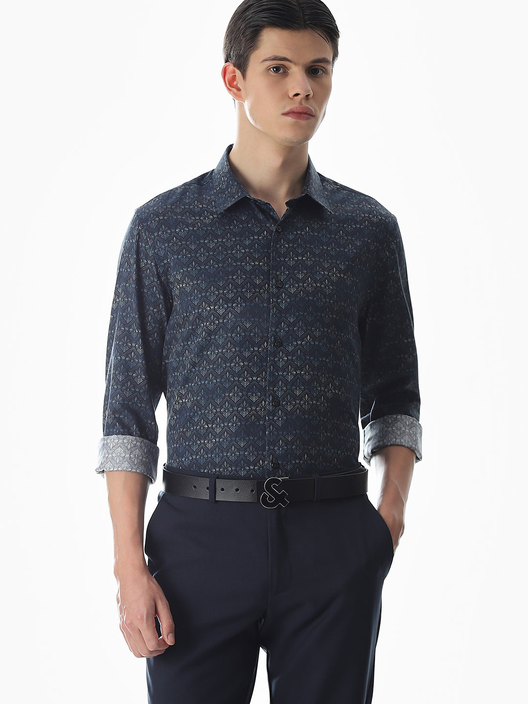 Dark Blue Printed Cotton Shirt