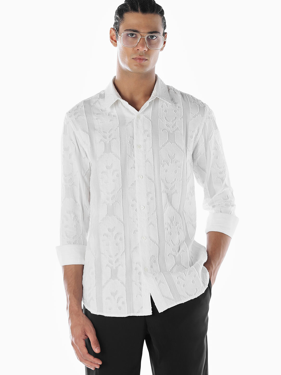 Jacquard White Cotton Shirt