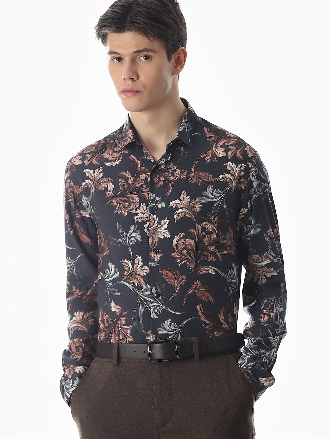 Black Printed Viscose Slim Fit Shirt