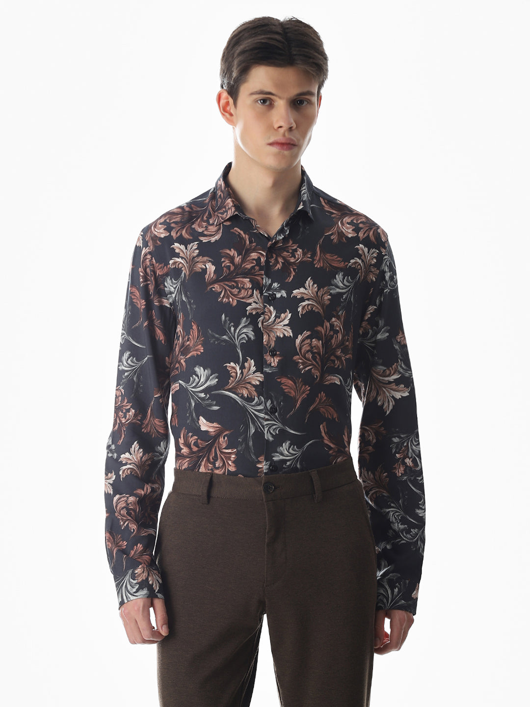 Black Printed Viscose Slim Fit Shirt