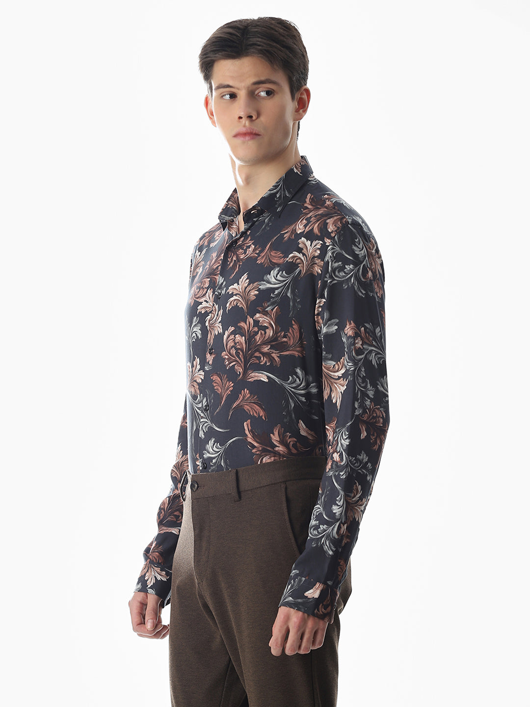 Black Printed Viscose Slim Fit Shirt