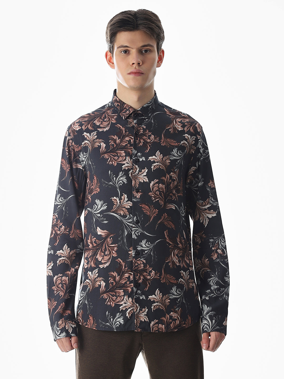 Black Printed Viscose Slim Fit Shirt