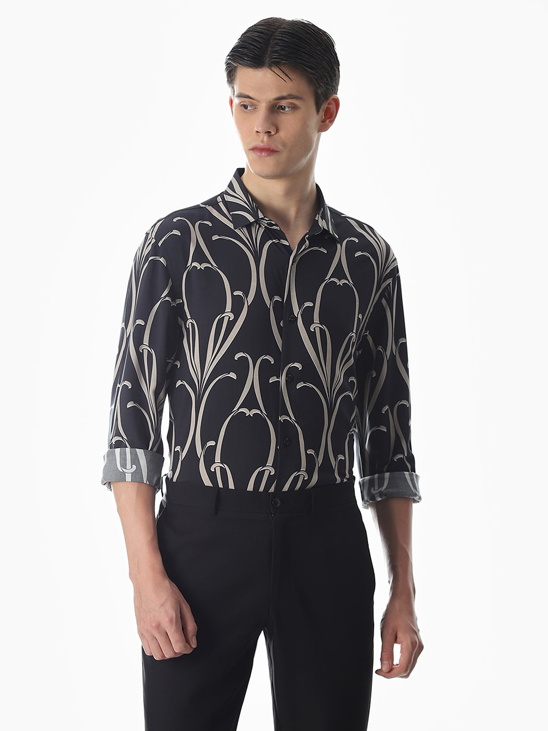 Black Printed Viscose Slim Fit Shirt
