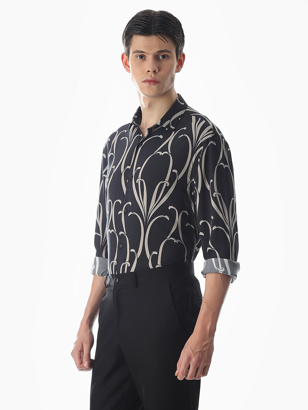 Black Printed Viscose Slim Fit Shirt