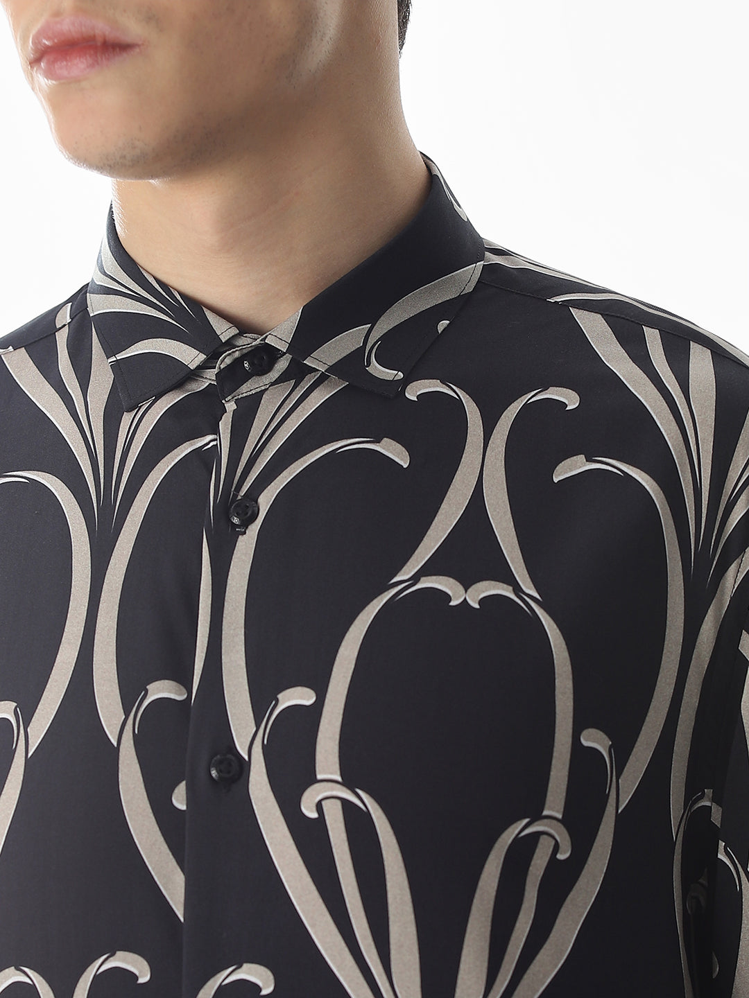 Black Printed Viscose Slim Fit Shirt