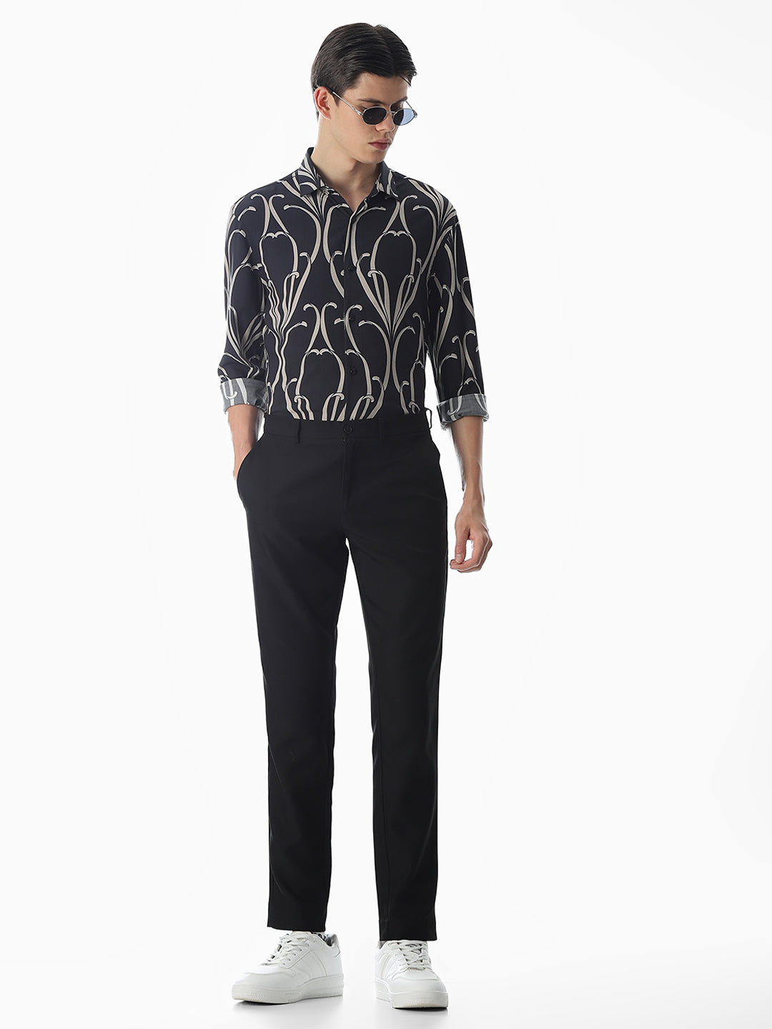 Black Printed Viscose Slim Fit Shirt