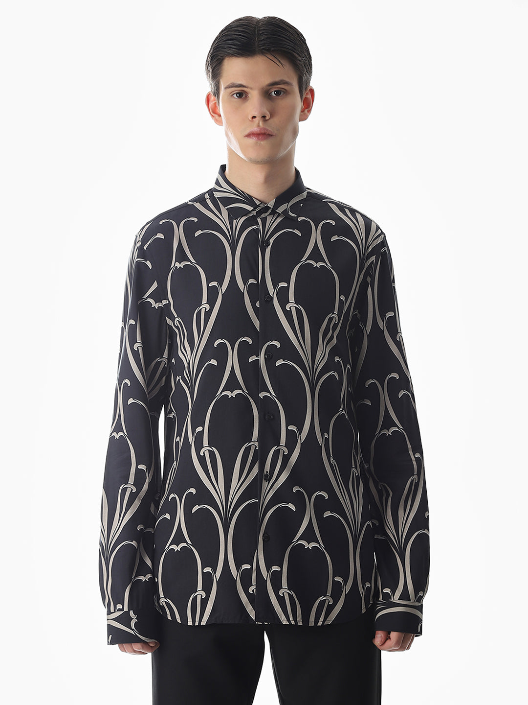 Black Printed Viscose Slim Fit Shirt