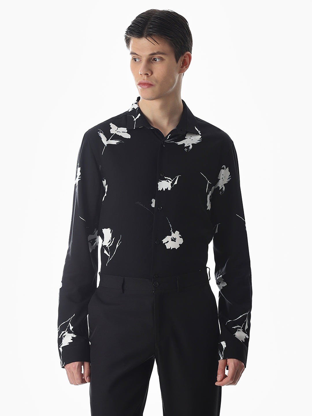 Black Viscose Floral Slim Fit Shirt