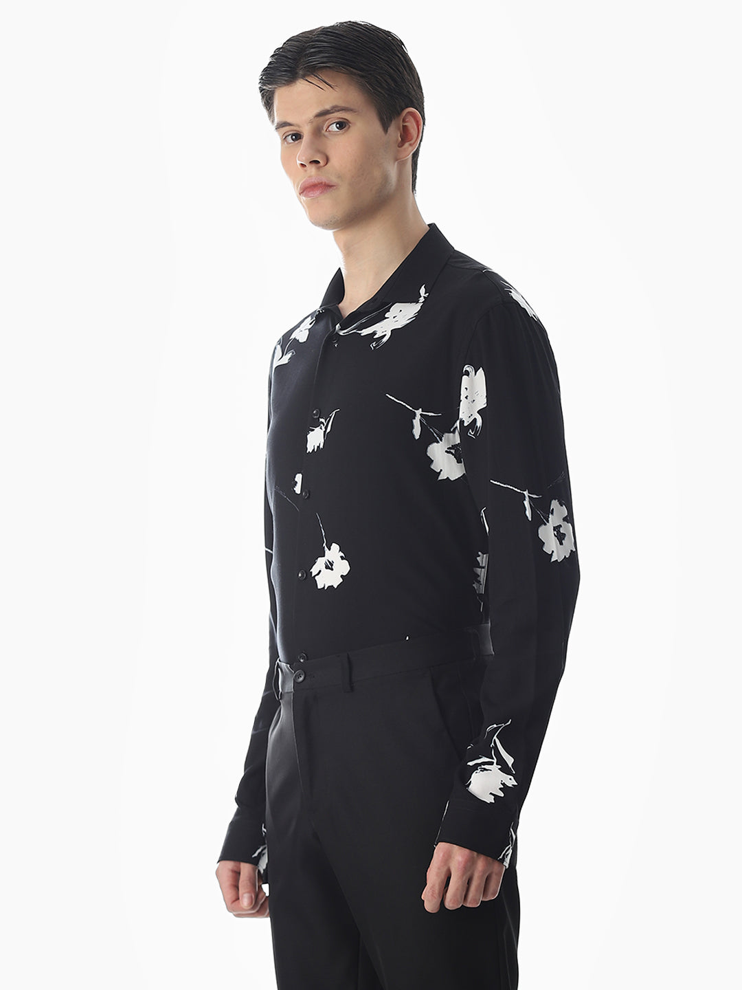 Black Viscose Floral Slim Fit Shirt