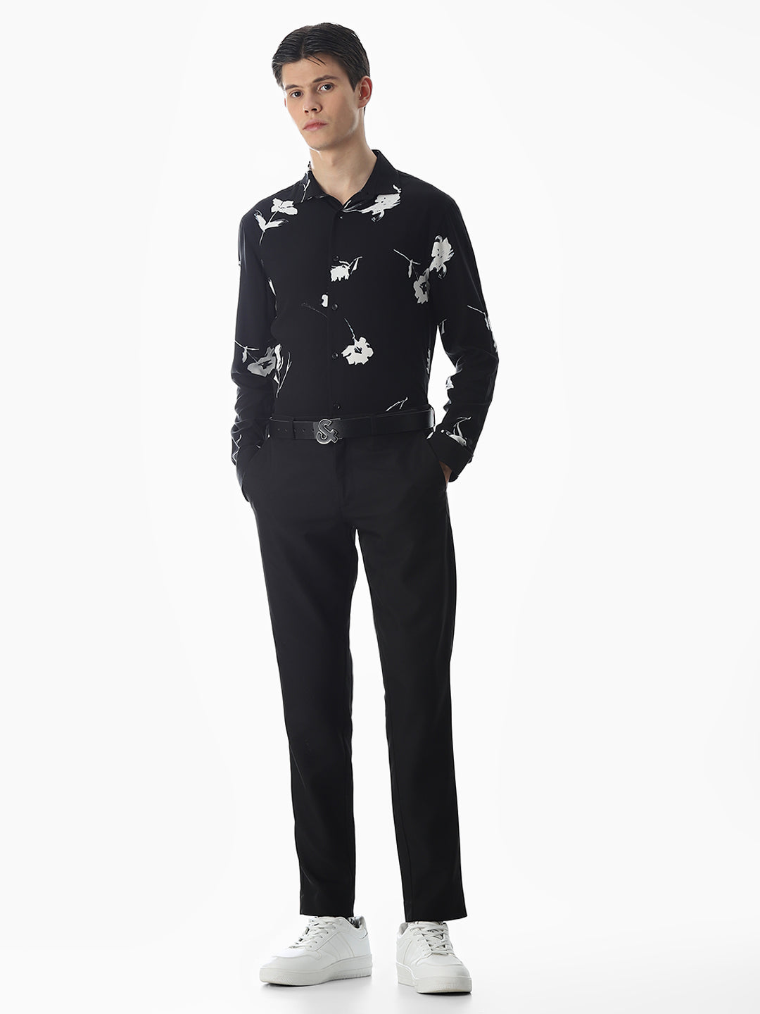 Black Viscose Floral Slim Fit Shirt