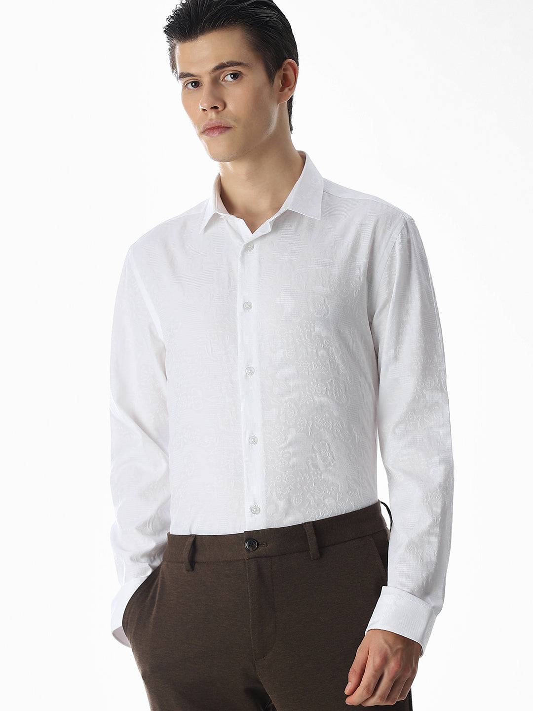 White Dobby Printed Shirt