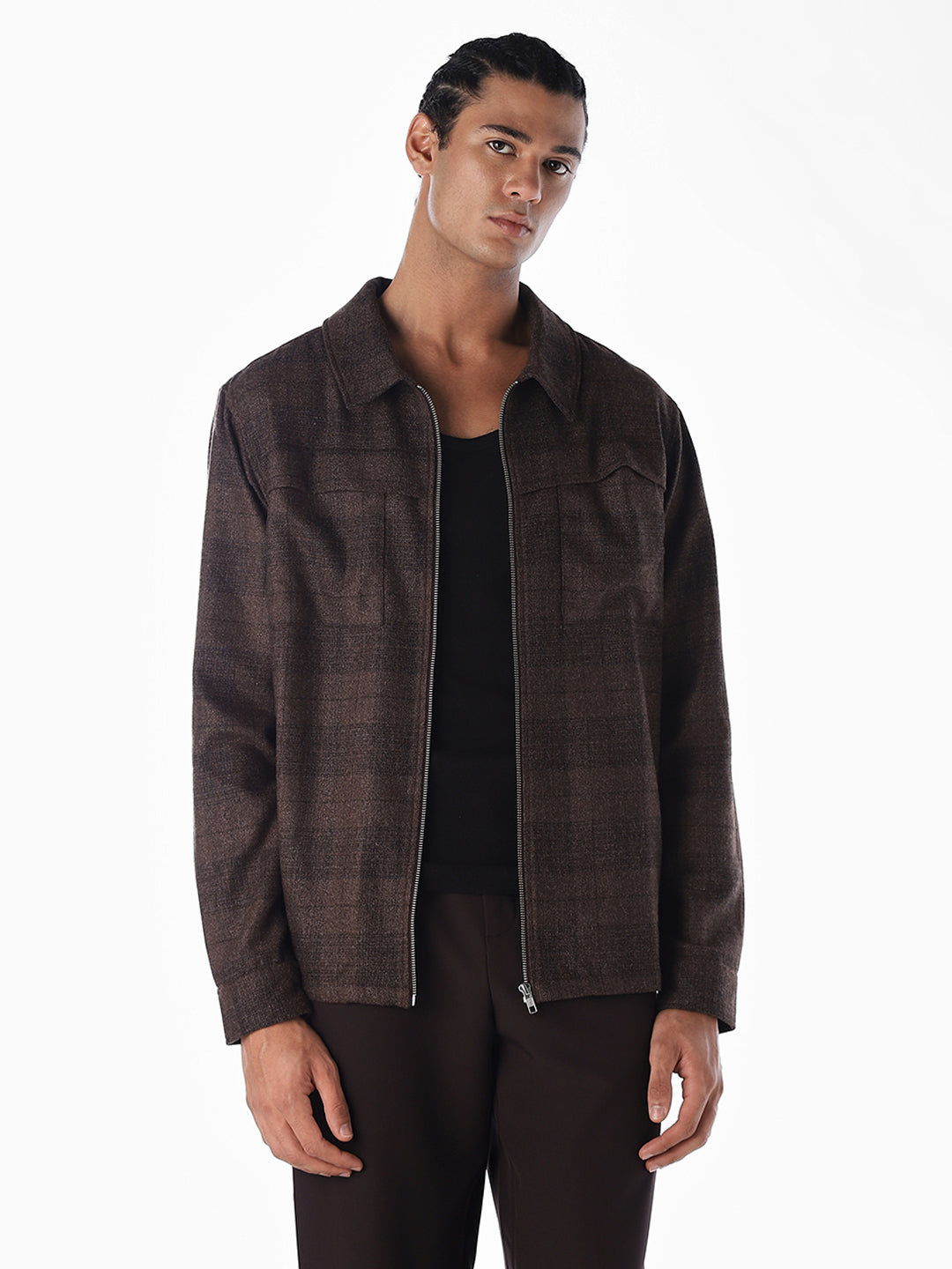 Check Zip-Through Oversized Shirt