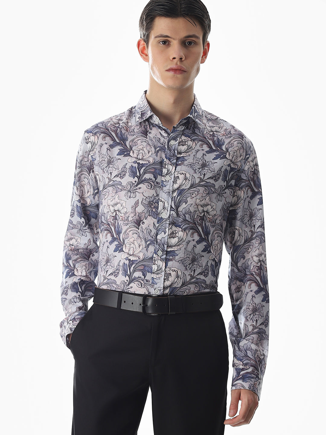 Blue Printed Slim Fit Shirt