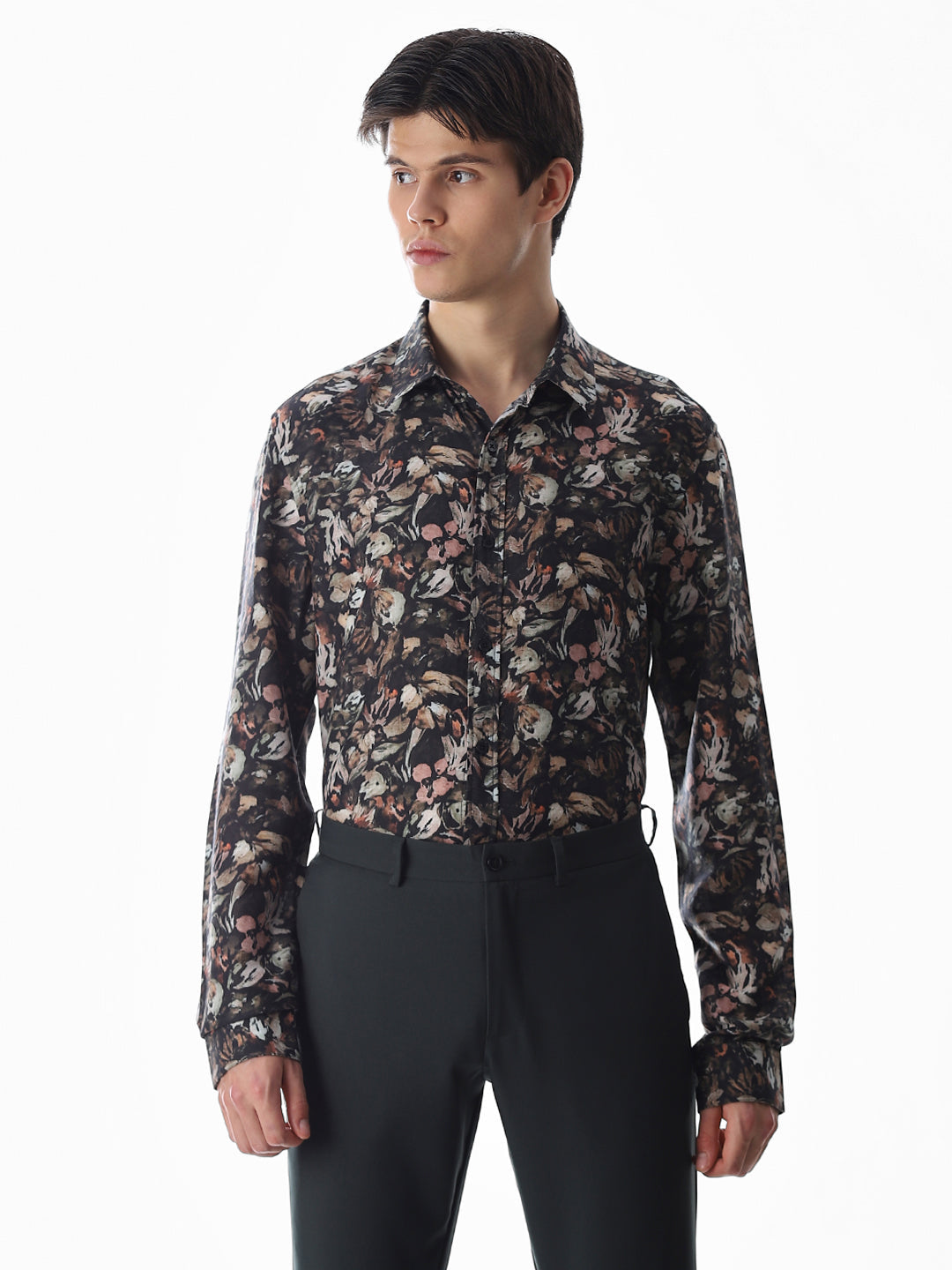 Olive Green Floral Slim Fit Shirt