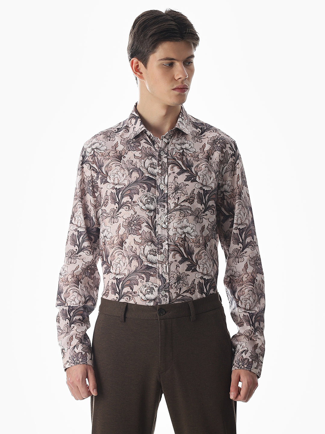 Brown Printed Slim Fit Shirt