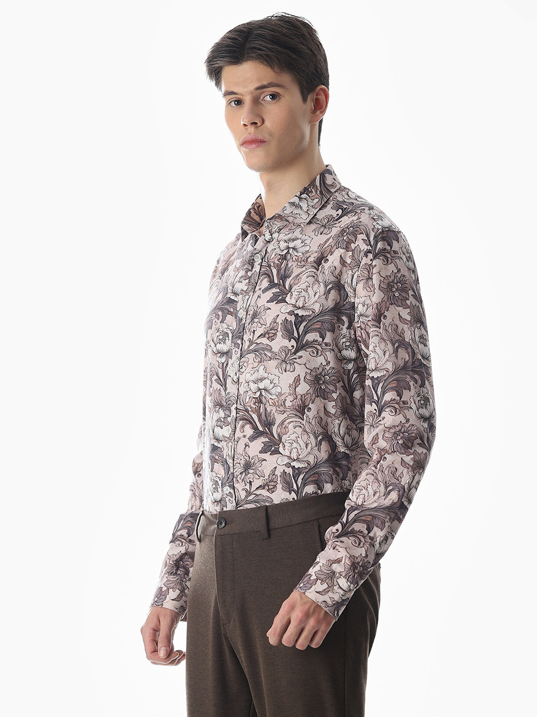Brown Printed Slim Fit Shirt
