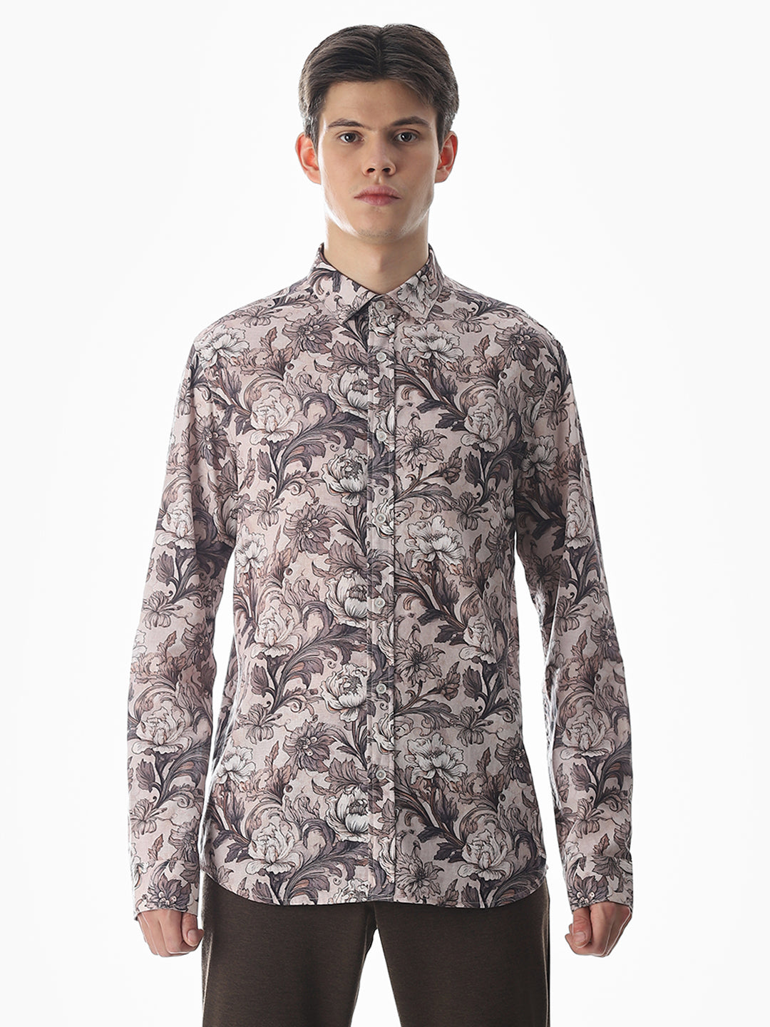 Brown Printed Slim Fit Shirt