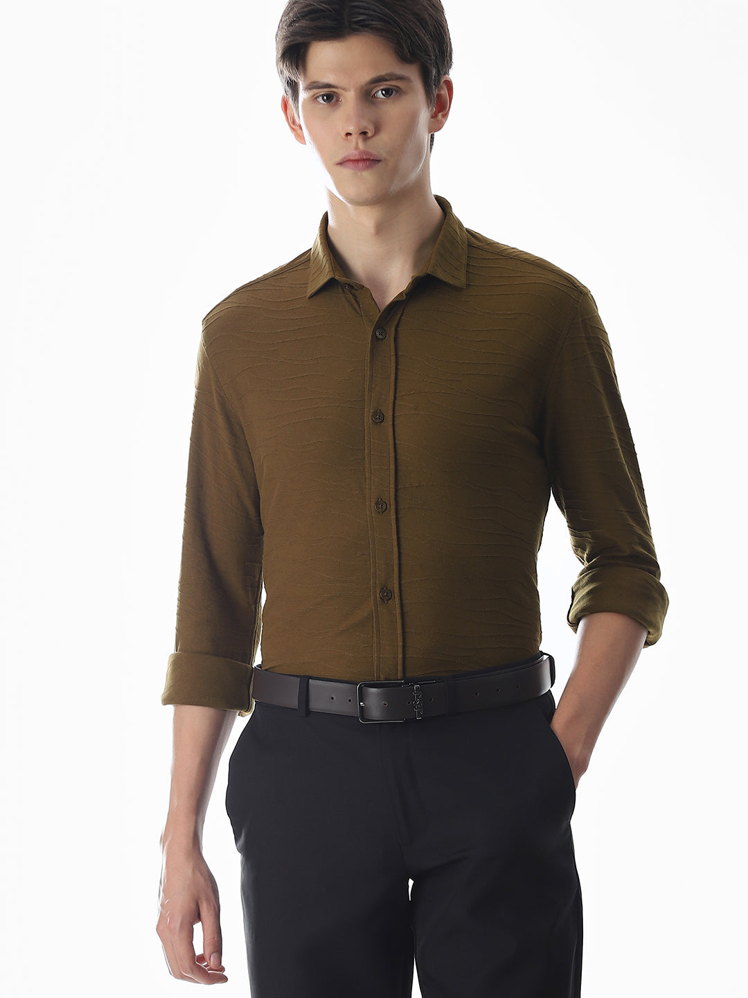 Brown Knitted Slim Fit Shirt