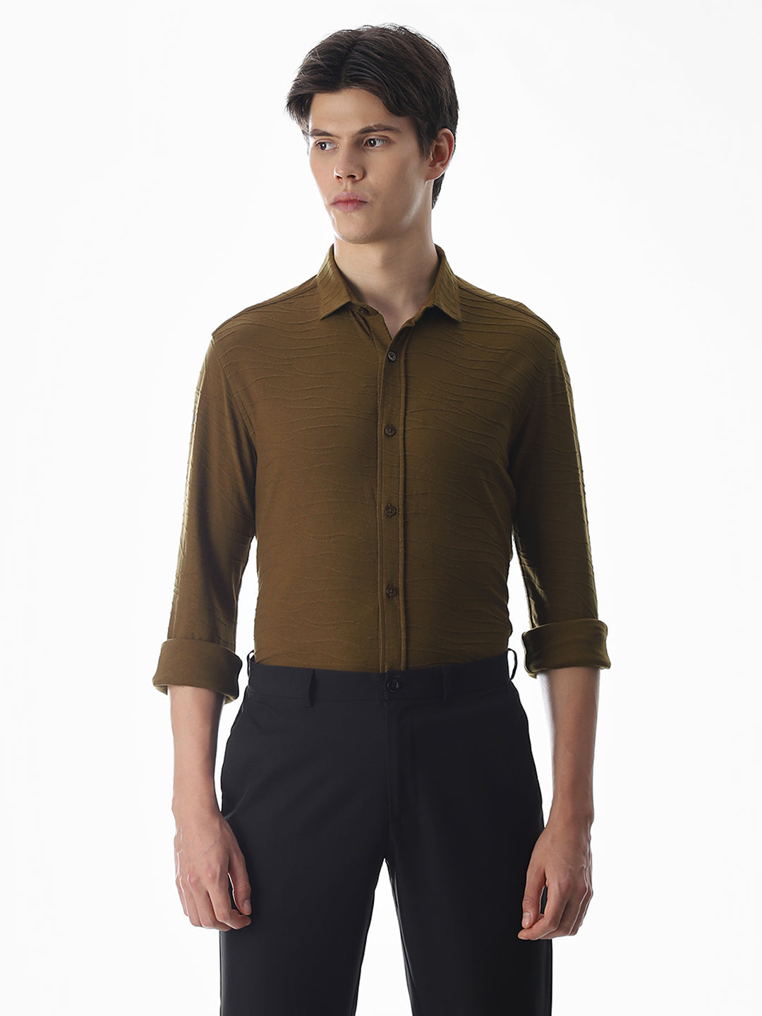 Brown Knitted Slim Fit Shirt