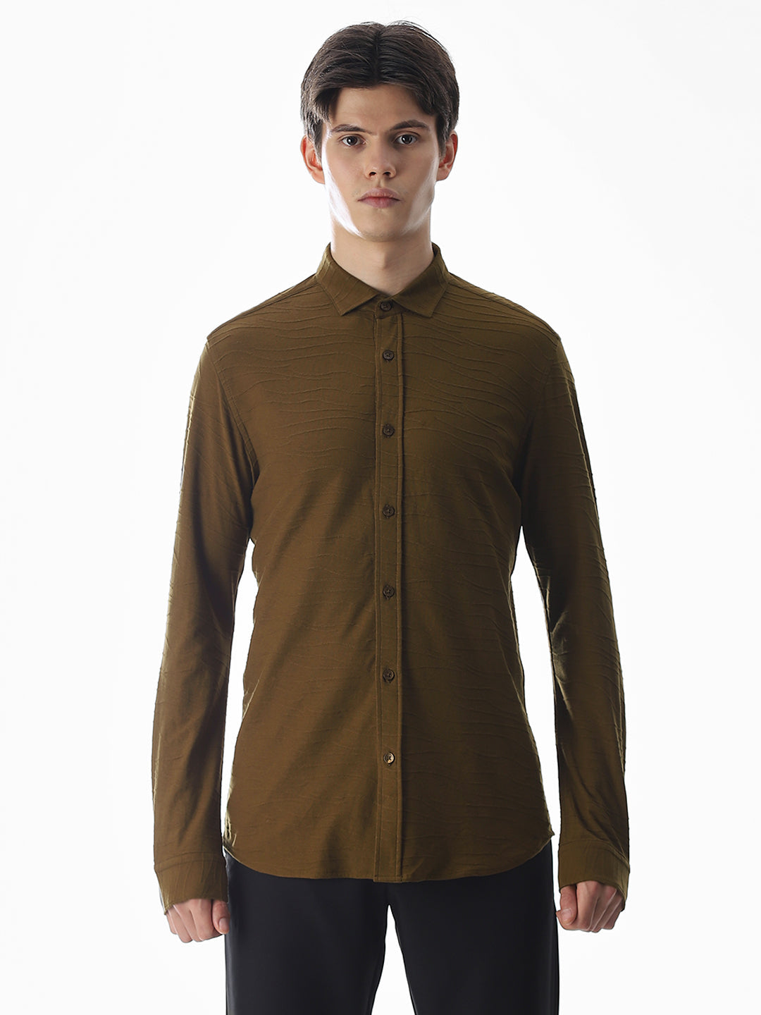 Brown Knitted Slim Fit Shirt