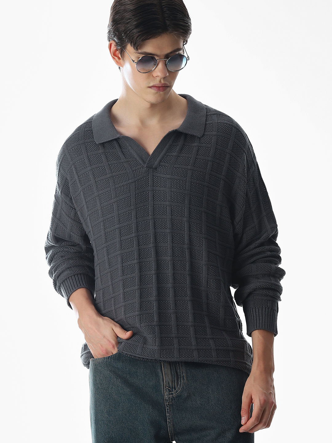 Grey Jacquard Knitted Polo