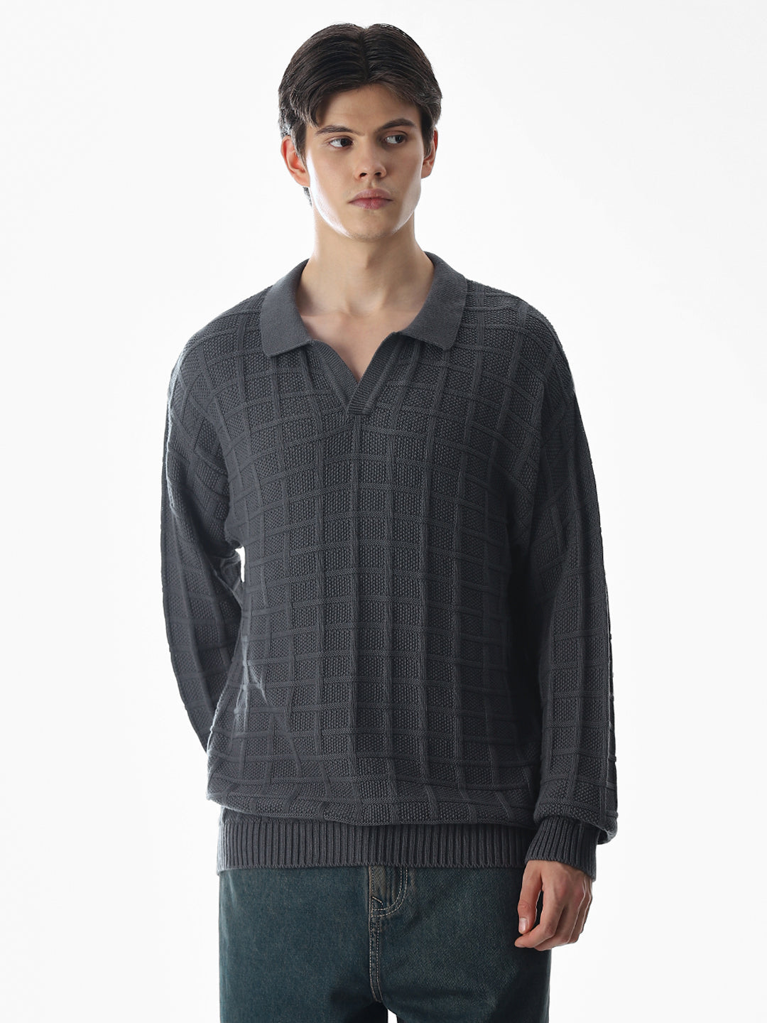 Grey Jacquard Knitted Polo
