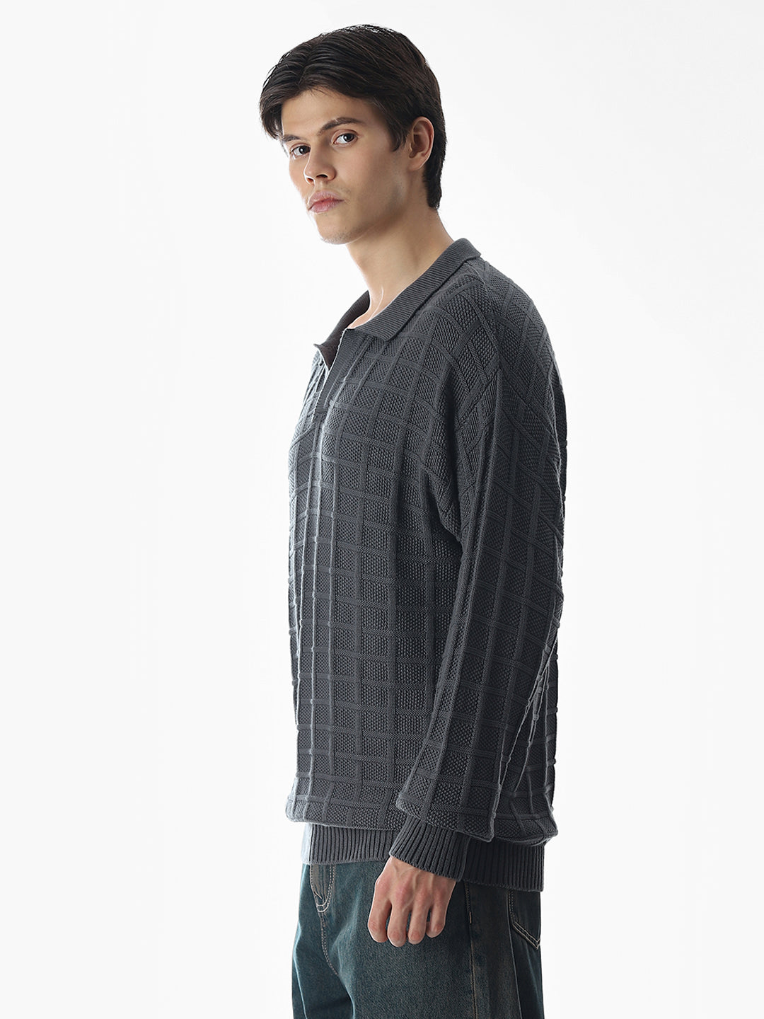 Grey Jacquard Knitted Polo