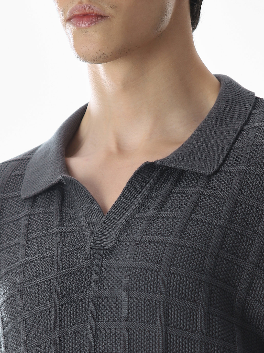 Grey Jacquard Knitted Polo