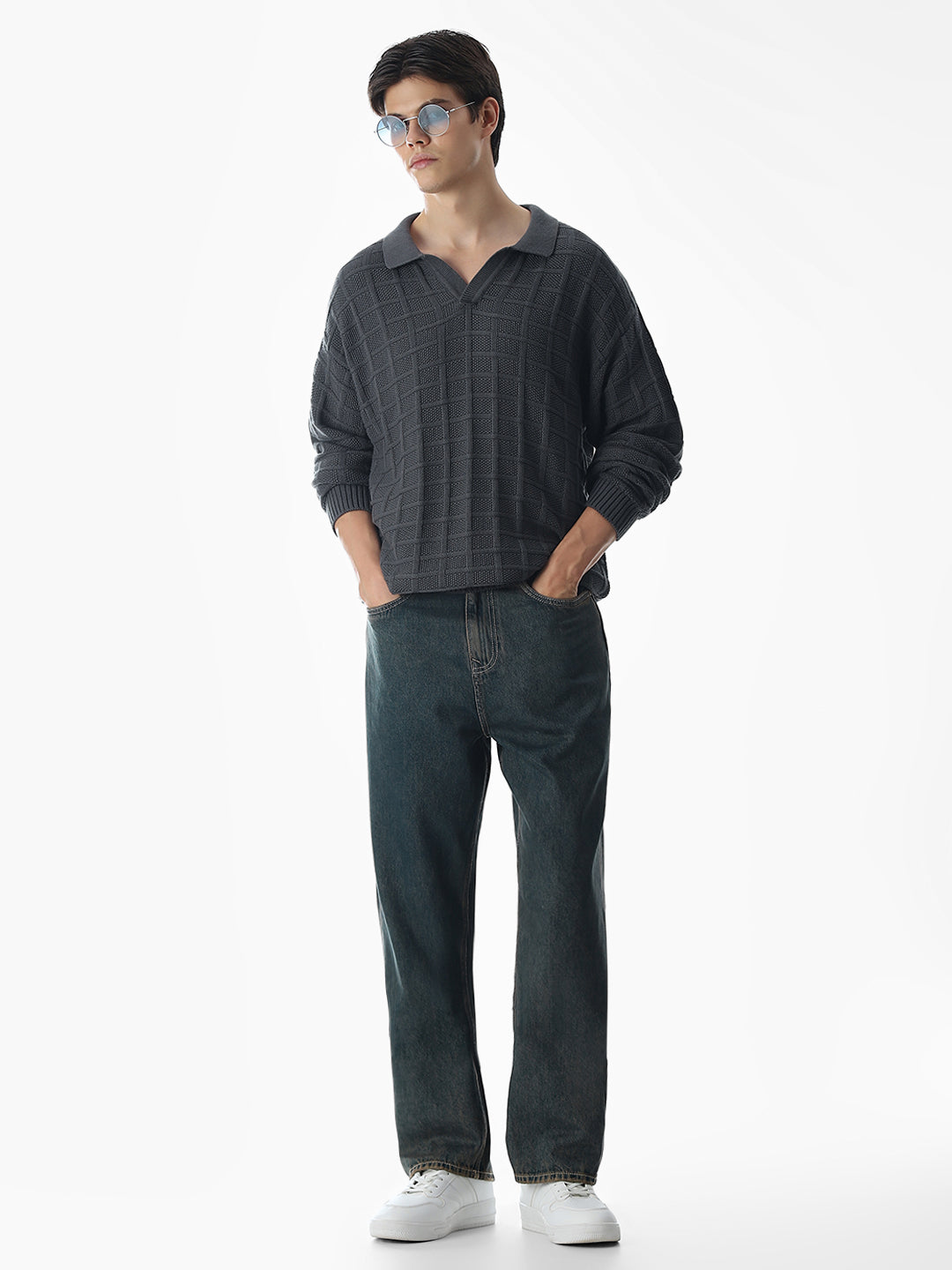 Grey Jacquard Knitted Polo