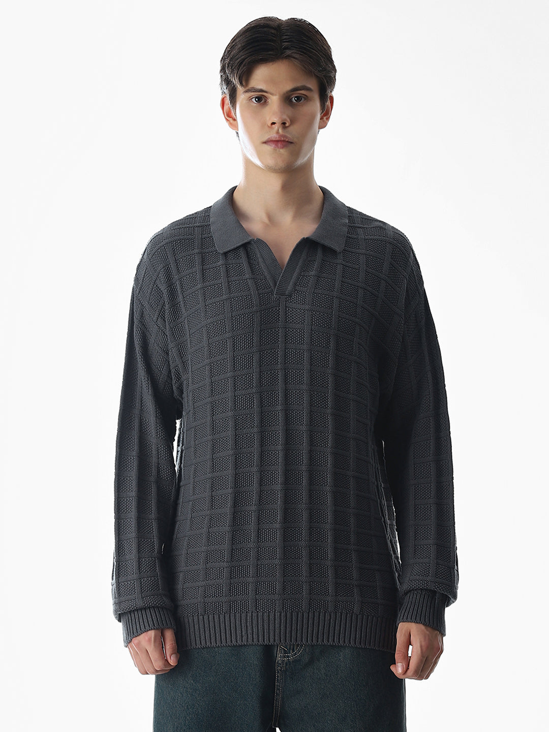 Grey Jacquard Knitted Polo