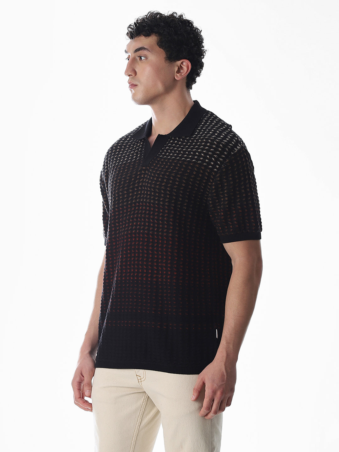 Black Jacquard Knitted Boxy Fit Polo