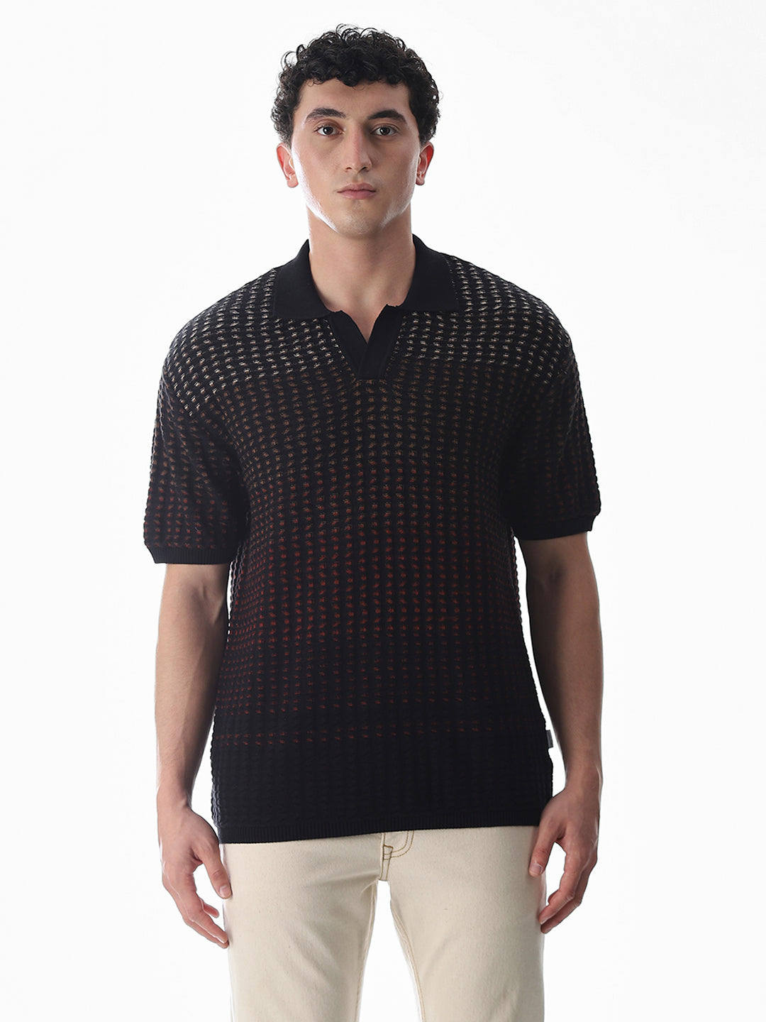Black Jacquard Knitted Boxy Fit Polo