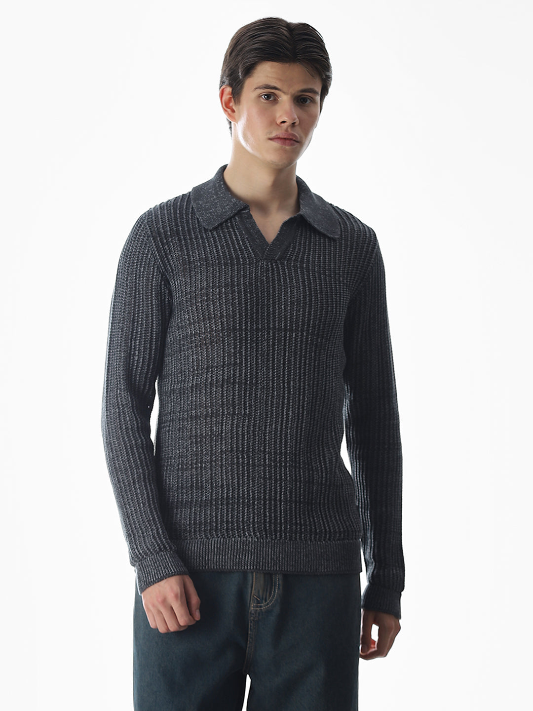 Dark Grey Knitted Boxy Fit Polo