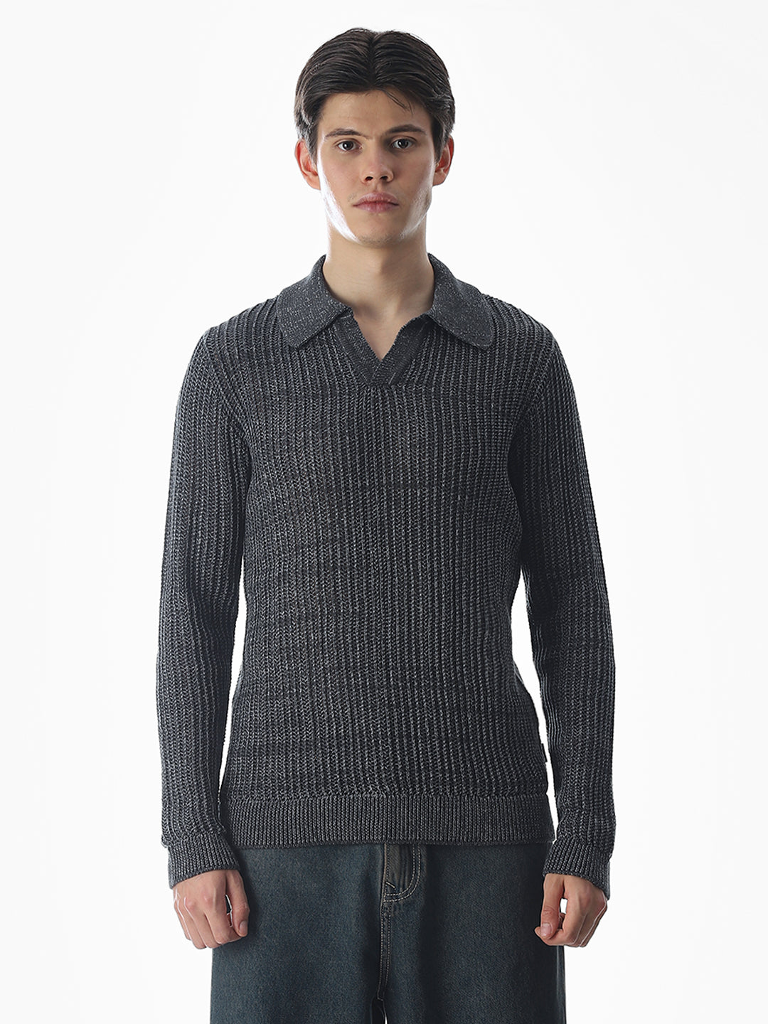 Dark Grey Knitted Boxy Fit Polo