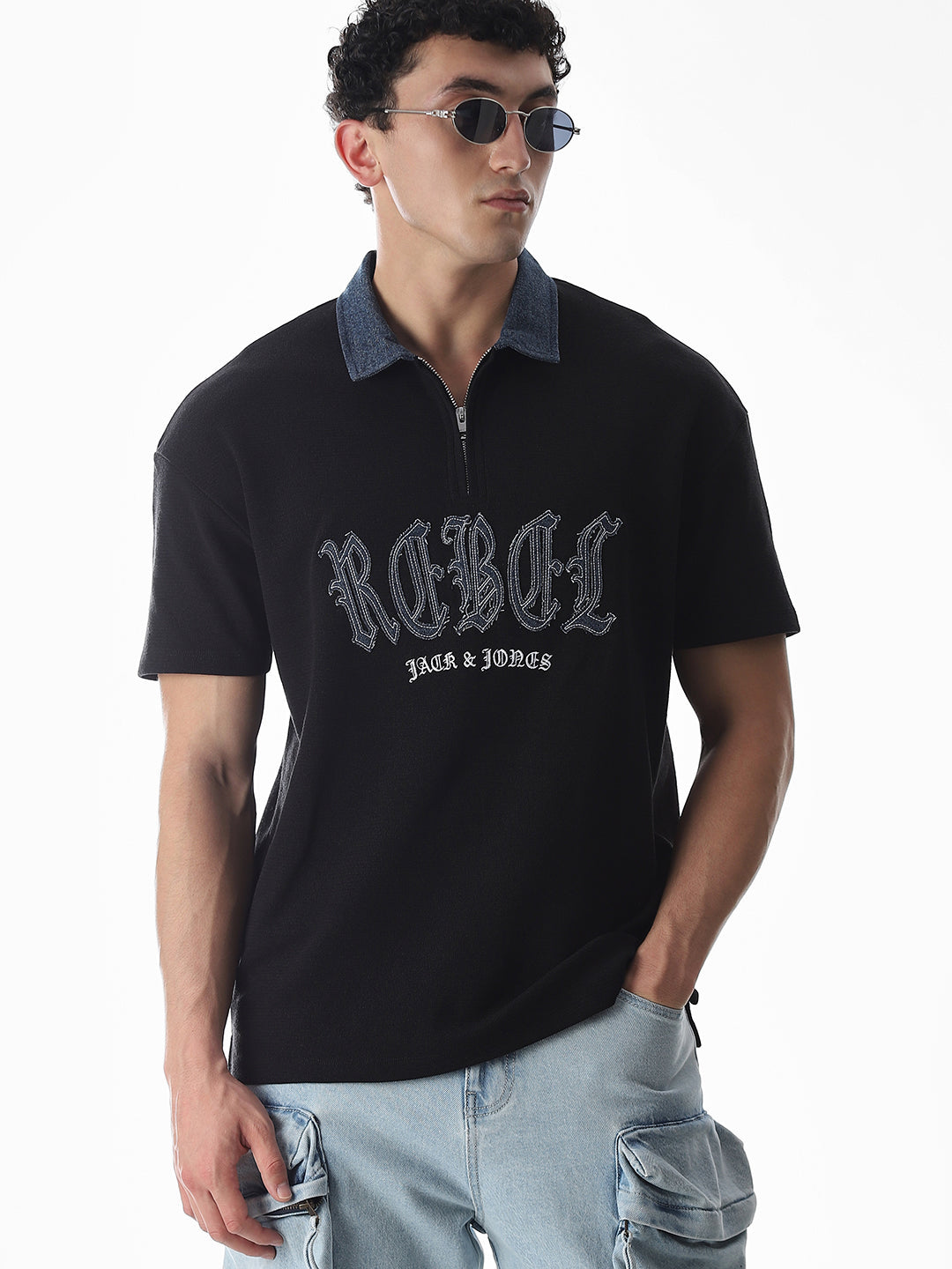 Black Logo Print Drop Shoulder Polo