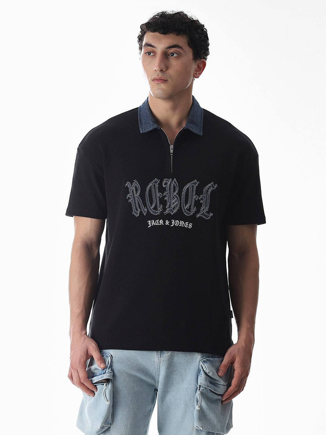 Black Logo Print Drop Shoulder Polo