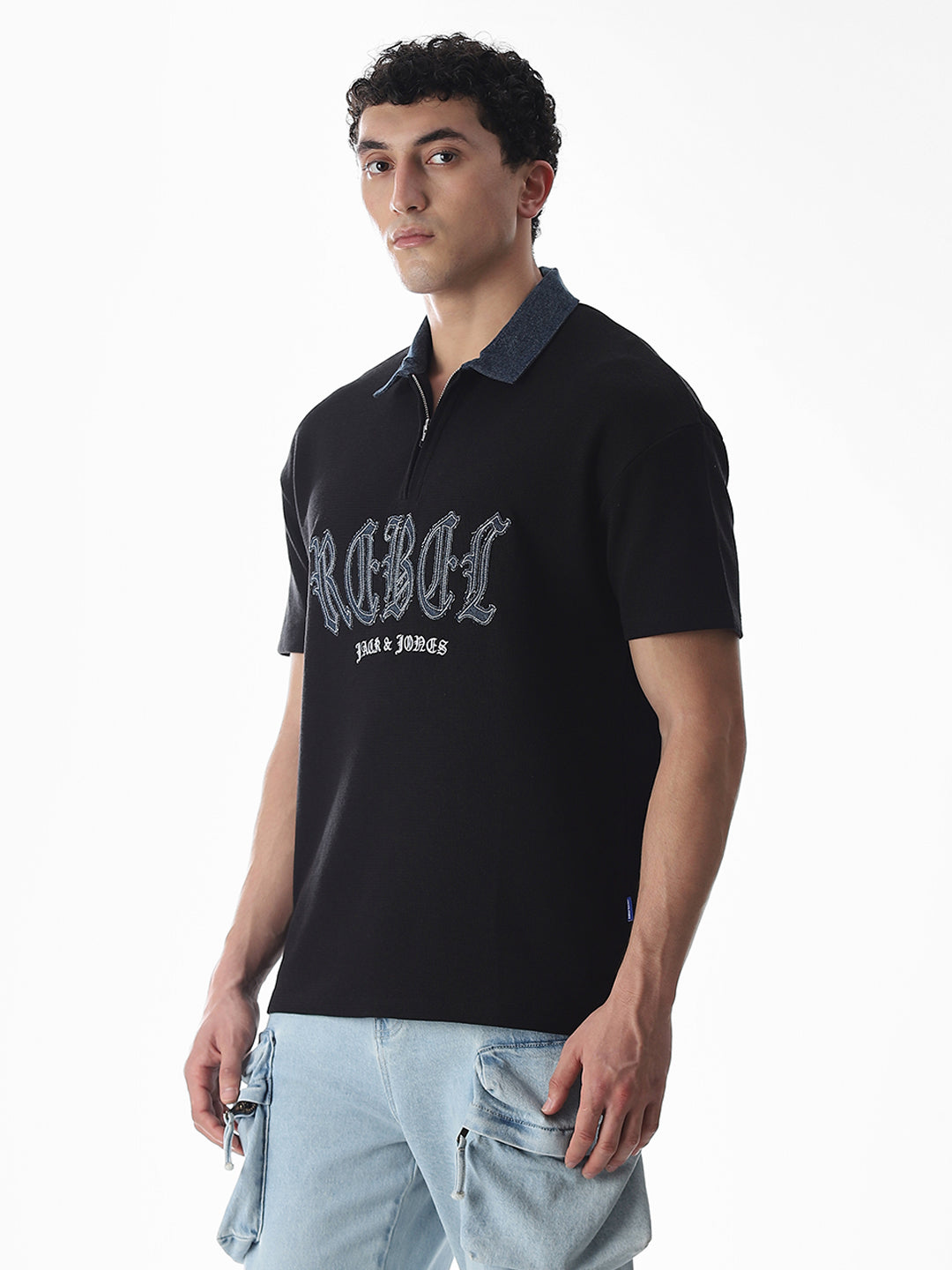 Black Logo Print Drop Shoulder Polo