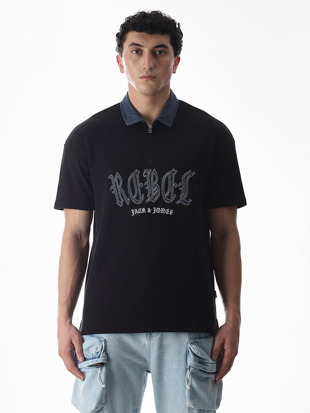 Black Logo Print Drop Shoulder Polo