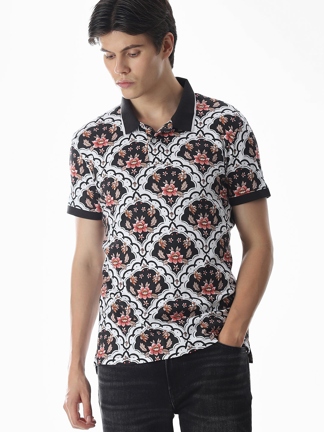 White Printed Cotton Polo