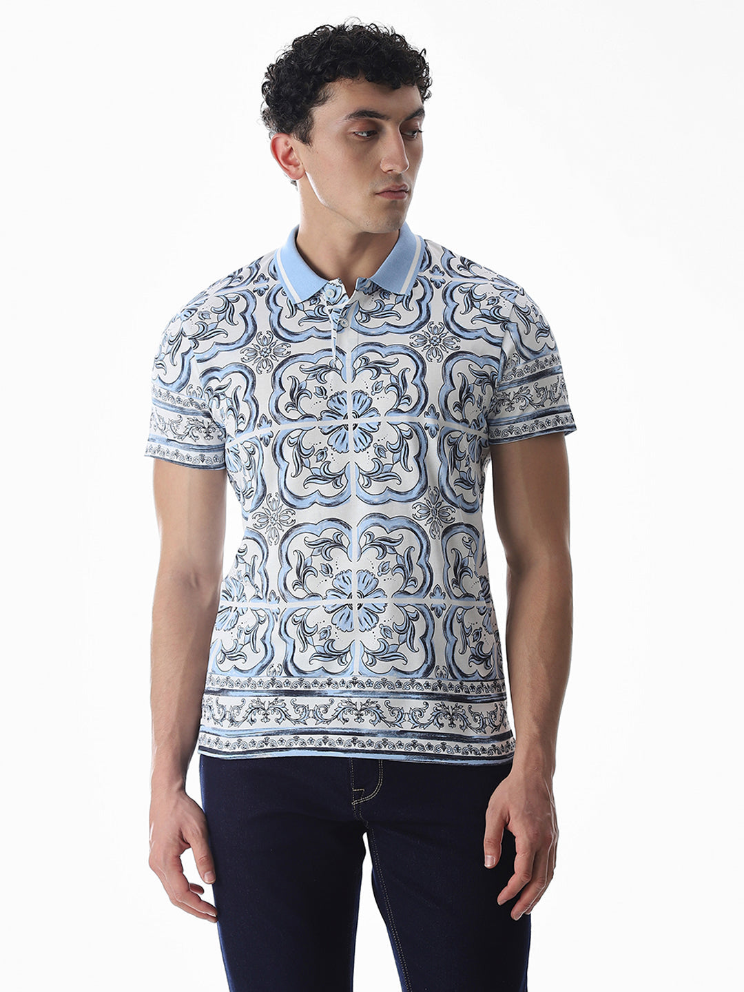 White & Blue Printed Cotton Polo