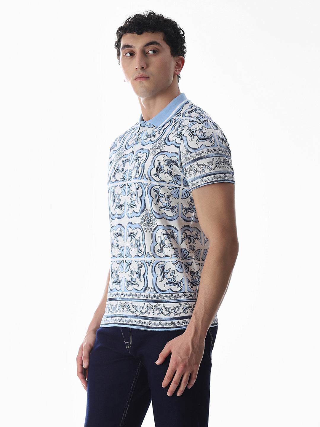 White & Blue Printed Cotton Polo
