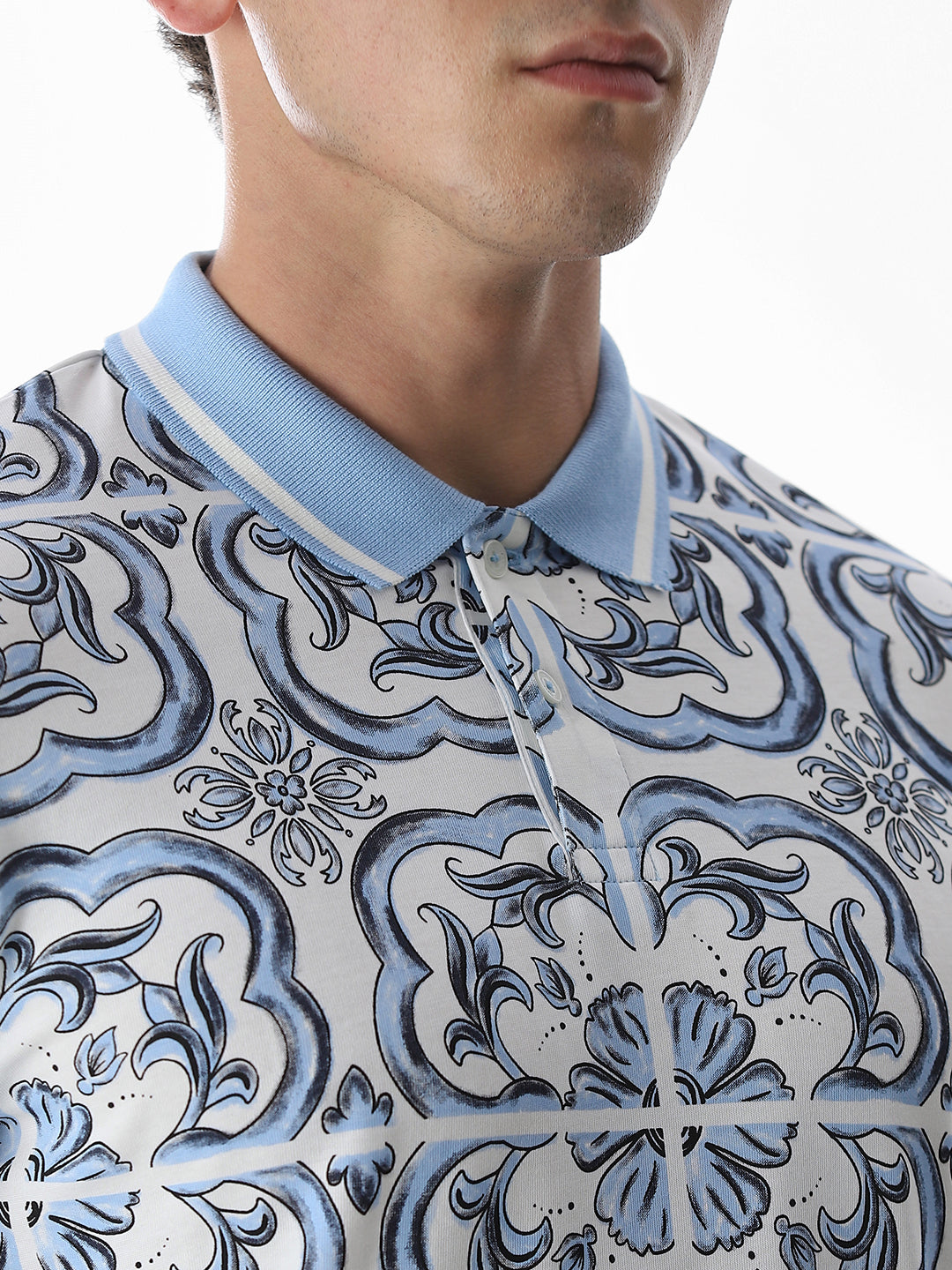 White & Blue Printed Cotton Polo