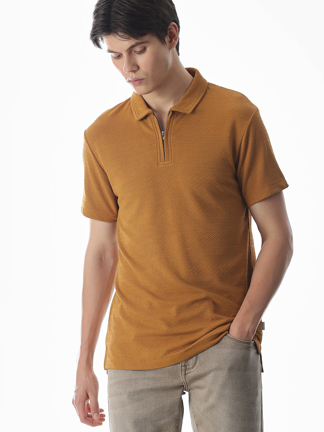 Brown Jacquard Half-Zip Polo